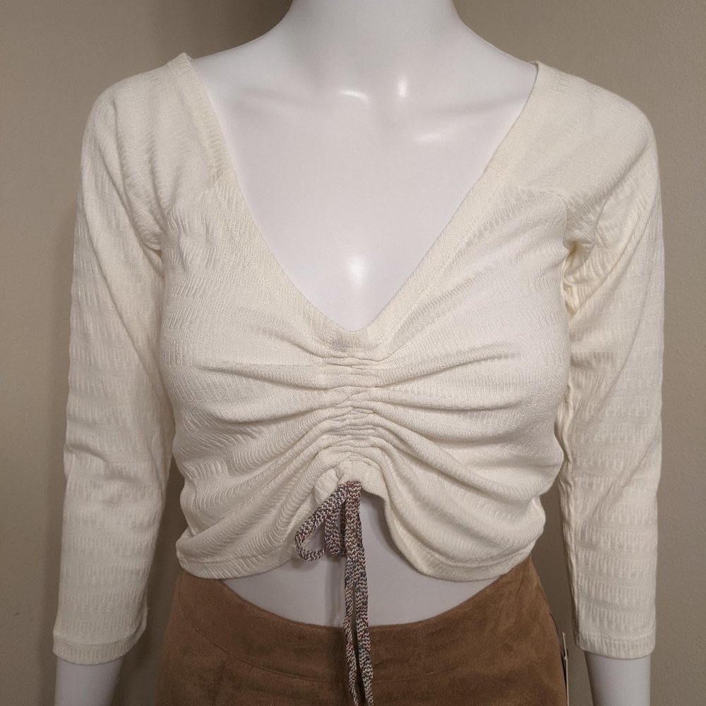 Anthropologie Cream Ruched Drawstring Cropped Top